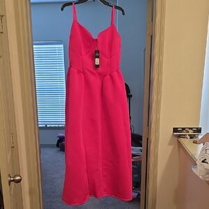 Fashion Nova Vibrant Barbie Pink Tea Length Scuba Gown  Midi Dress